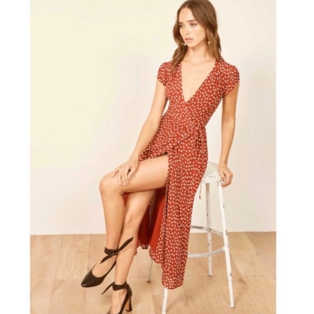 Reformation Carina Midi Wrap Dress, Red Vera Floral, Small S 2 4